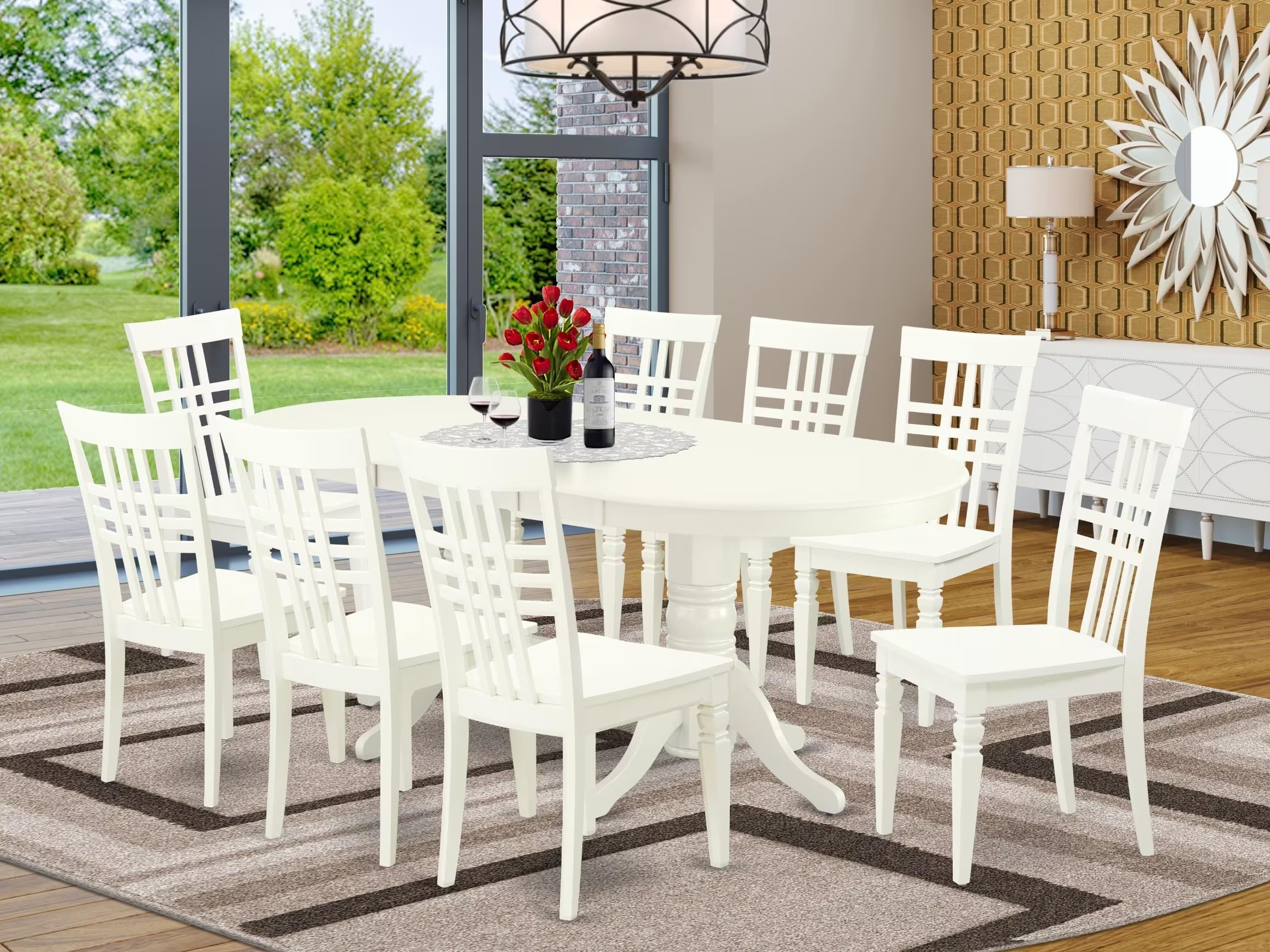 East West Furniture Valg9-Lwh-W 9 Piece Dining Room Furniture Set Includes An Oval Wooden Table With Butterfly Leaf And 8 Kitchen Dining Chairs, 40X76 Inch, Linen White